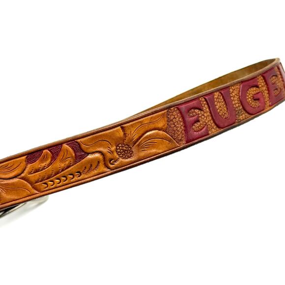 Vintage Western Cowboy Belt 30 Brown Tooled Leather Name Eugene M Hand Painted - Picture 8 of 10